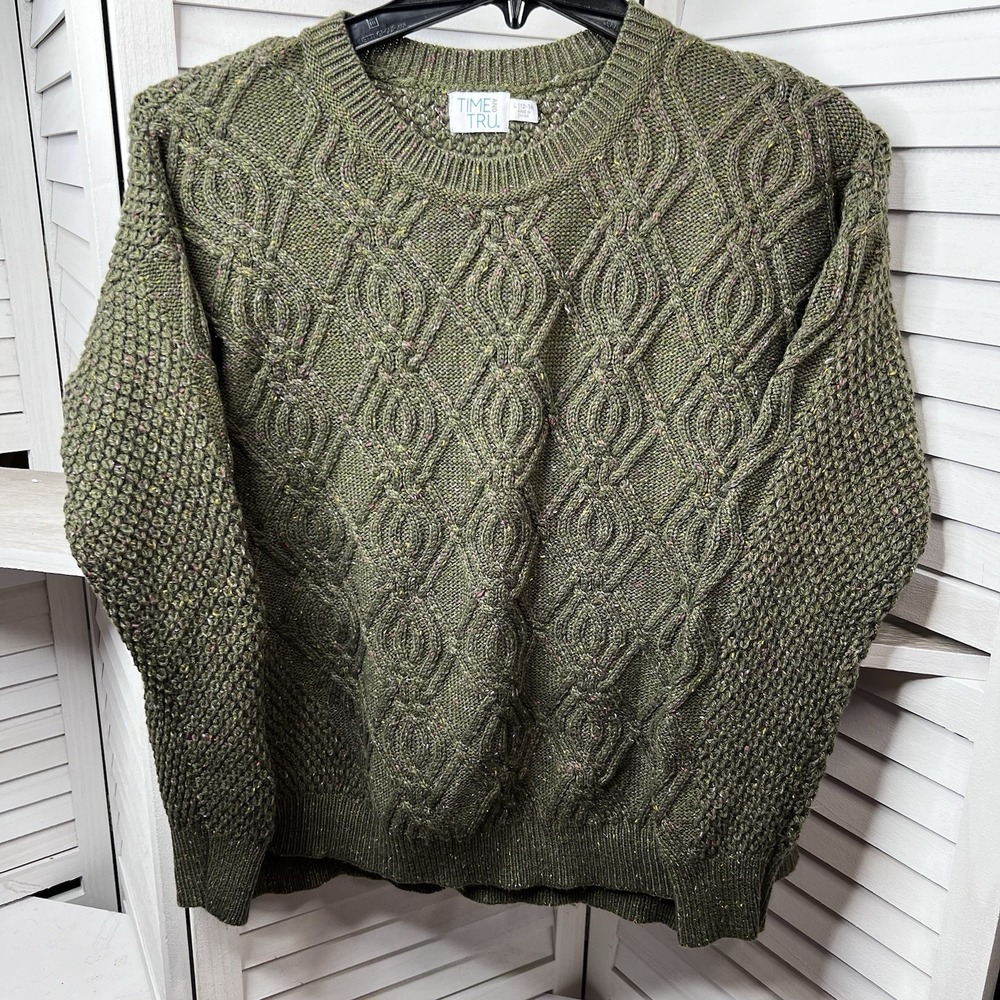 Time and Tru Olive Branch Tweed Cable Knit Sweater Lg 12-14 Chunky Pullover